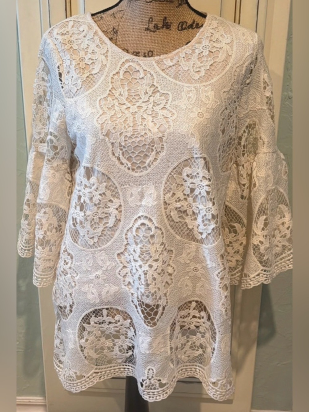 Cirana Cream Lace Boho Tunic Top Medium Sheer Crochet Blouse Romantic Festival